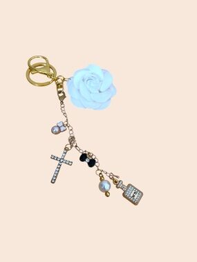 Gold Floral Charm Keychain with White Rose and Crystal Charms